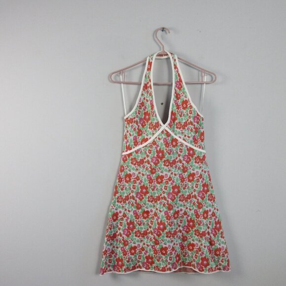 Zara Floral Halter Dress M Pink Green Knit Open Back Viscose Cotton Beach 194 - Picture 6 of 13